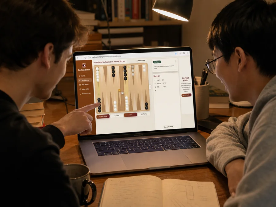 Two players discussing a blot, the bar, and bearing off on a backgammon board